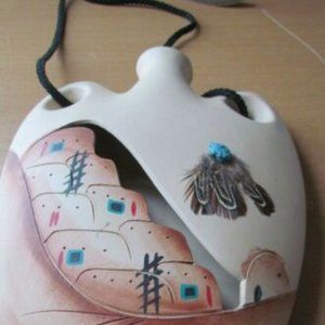 Signed Hand Paint Clay wall hanging Mexican Southwestern Aztec With Feathers